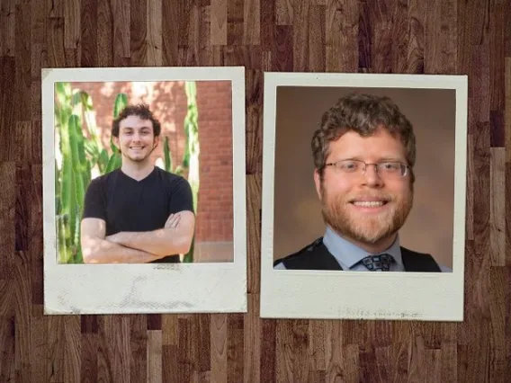 Polaroid photos of Andrew Tubbs and Matthew Schmit on a wooden table