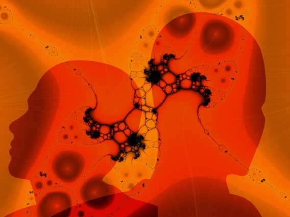 Abstract illustration of human sillhouettes and brain cells