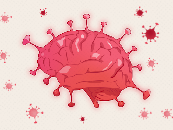 Illustration that combines the human brain with COVID-19 virus