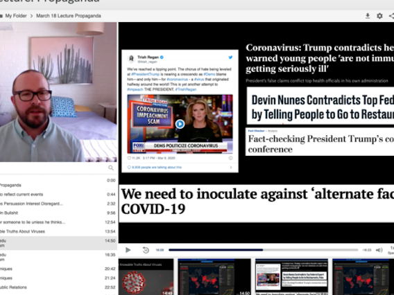 Screenshot of a news headlines and a scientist giving an interview