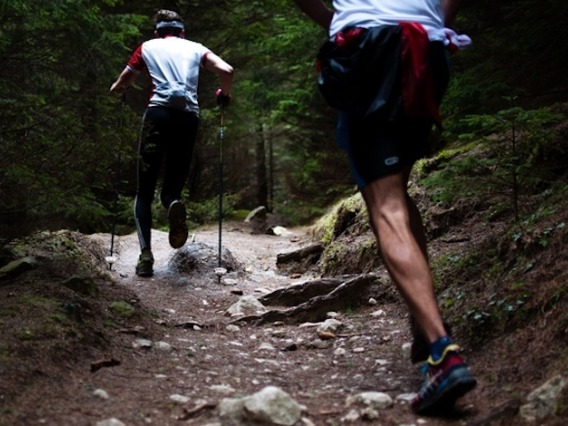 Two people running on a hiking trail through the woods
