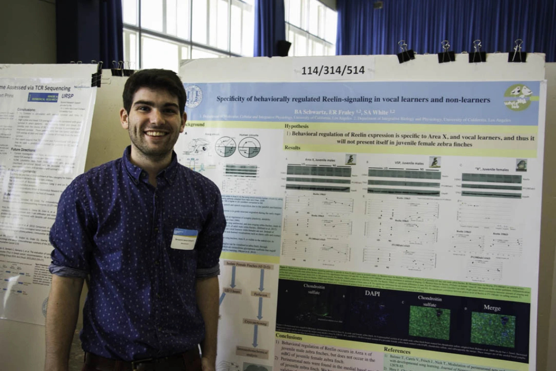 Benjamin Schwartz posing for photo in front of his research poster