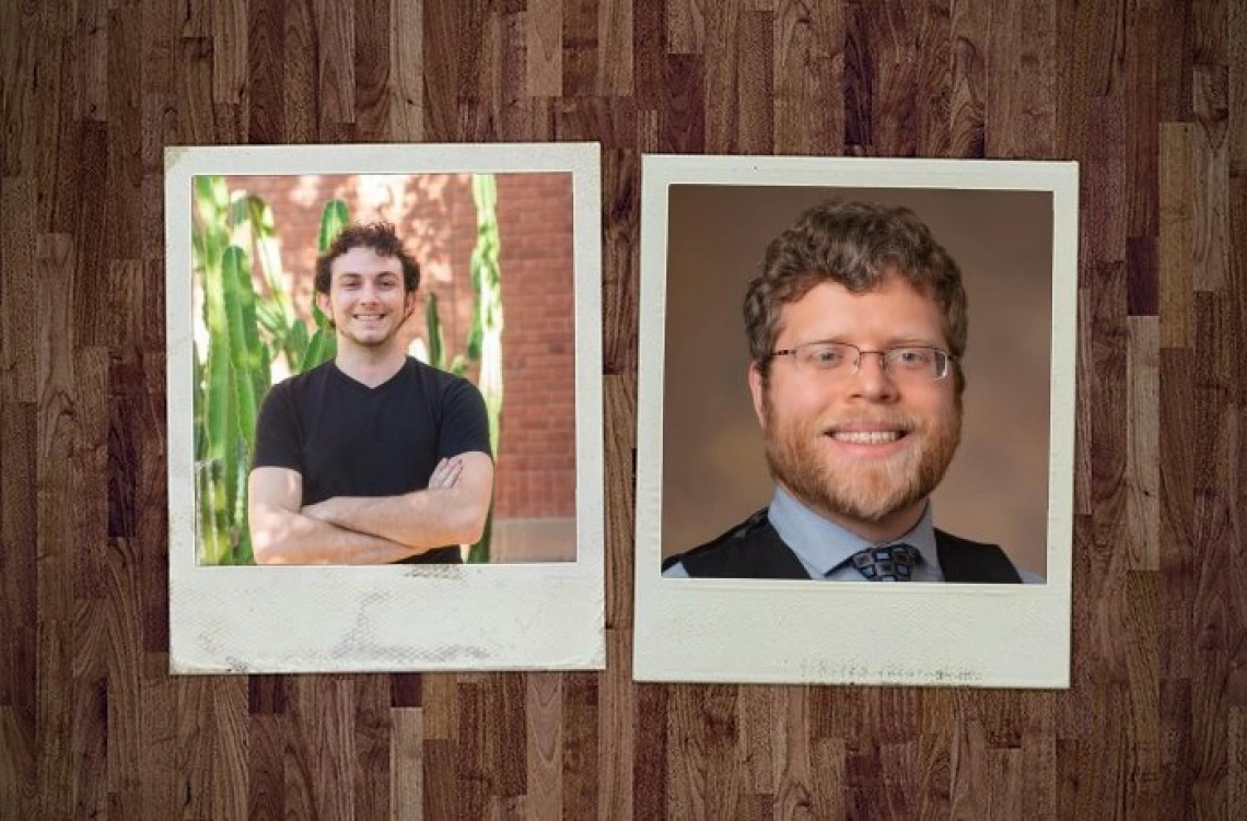 Polaroid photos of Andrew Tubbs and Matthew Schmit on a wooden table