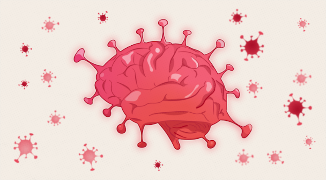 Illustration that combines the human brain with COVID-19 virus
