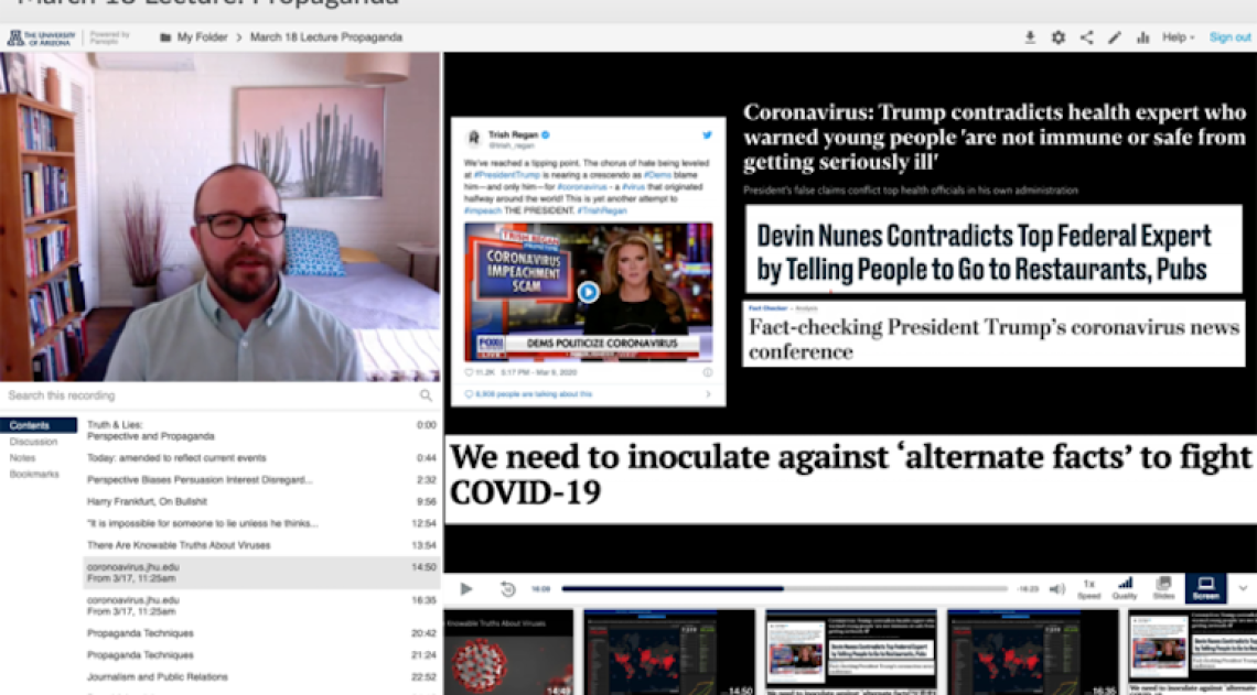 Screenshot of a news headlines and a scientist giving an interview