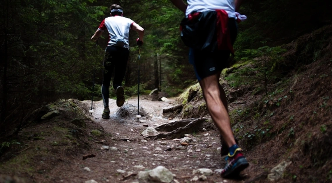 Two people running on a hiking trail through the woods